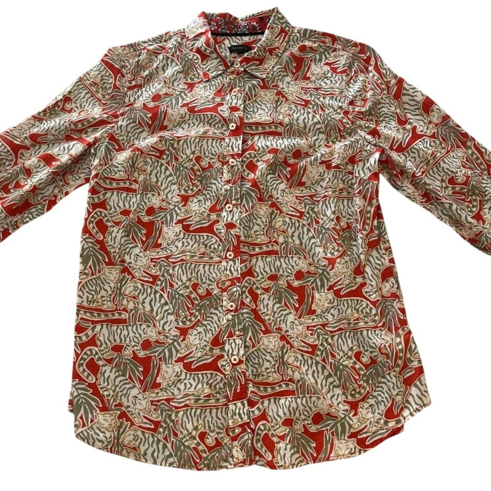 Tiger Print Jungle Button Up Shirt Lightweight Cotton Voile Safari Boho Sz M